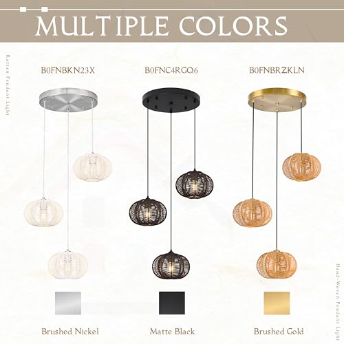 12" Boho Black 3-Light Boho Chandeliers for Kitchen Island Hand-Woven Boho Rattan Chandeliers Dimmable Adjustable Hanging Wicker Chandelier for Dining Room Living Room（Bulb Incl.） - color: 11.8" Black 3-Light
