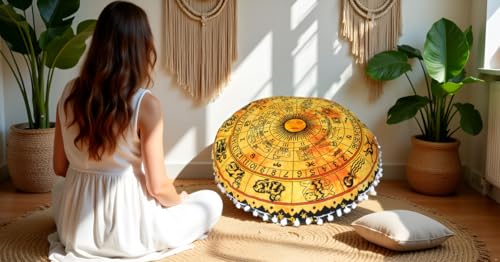 Round Mandala Floor Pillow Cover Seating Cushion Throw Cover Hippie Decorative Bohemian Ottoman Pouf Cover, Pom Pom Pillow Cases,Boho Indian 32 Inches Yellow Zodiac - color: Yellow, size: 32" Round
