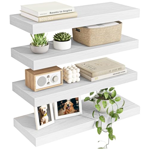 Fixwal White Shelves for Wall, 15.7in Rustic Wood Finish Floating Wall Shelves Set of 4, Shelves for Wall Decor, with Invisible Brackets for Bathroom, Living Room,Bedroom and Kitchen - color: White, size: 15.7in