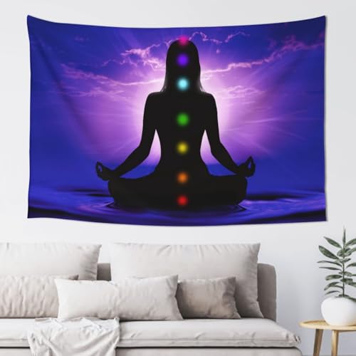 RTAFGU Chakra Meditation Tapestry, Chakra Meditation Silhouette, Spiritual Yoga Sunset Sky Art Aesthetic Wall Hanging Tapestries for Living Room, Bedroom, Dorm Party Home Decoration 60" L x 51" W - color: Chakra Meditation_1503, size: 60"L x 51"W