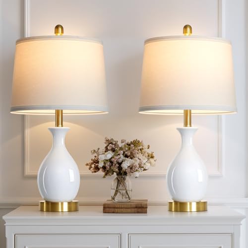 24" White Ceramic Table Lamps Set of 2 for Bedroom, Modern Classic Bedside Lamps for Nightstand, Small Table Lamp for Living Room Side Table (2 LED Bulbs Included) - color: White - 24"H