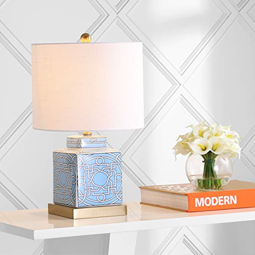 JONATHAN Y 22" Blue/White Modern Ceramic Ginger Jar Table Lamp for Nightstand, Square Lattice Transitional Chinoiserie Lamp for Living Room, White Linen Shade, LED Bulb JYL3044A - color: Blue/White