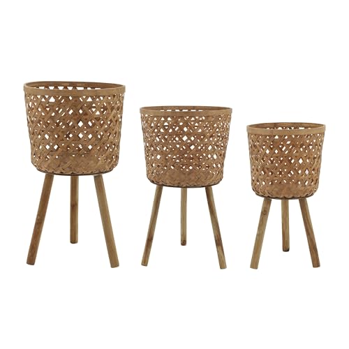 Set of 3 Woven Basket Decorative Planter Pot with Stand – Handcrafted Bamboo Pine Wood Outdoor & Indoor Plant Pot – Boho Garden & Home Decor Planters – 19", 22", & 26", Brown - color: Woven Natural, size: 26" H