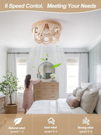 20" Boho Ceiling Fan with Light, Coastal Flush Mount Fandelier Ceiling Fans with Lights and Remote Control,Enclosed Beaded Caged with 6 Speeds for Bedroom Nursery Living Room