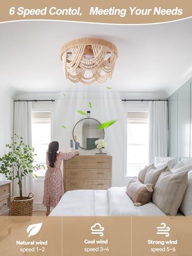 20" Boho Ceiling Fan with Light, Coastal Flush Mount Fandelier Ceiling Fans with Lights and Remote Control,Enclosed Beaded Caged with 6 Speeds for Bedroom Nursery Living Room