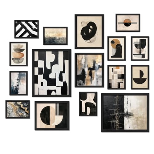 ANERZA 16 PCS Framed Black and White Abstract Wall Art Decor, Minimalist Wall Prints for Bedroom, Gallery Wall Frame Set, Posters for Living Room Aesthetic, Collage Kit, Dorm Artwork - color: Black and White, size: 12"x15" Framed