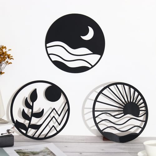 Zzbakress 3 PCS Boho Wall Art Decoration Vintage Wooden Aesthetic Hollow-out Hanging Farmhouse Decor for Bedroom, Living Room, Office (style 1, Black)