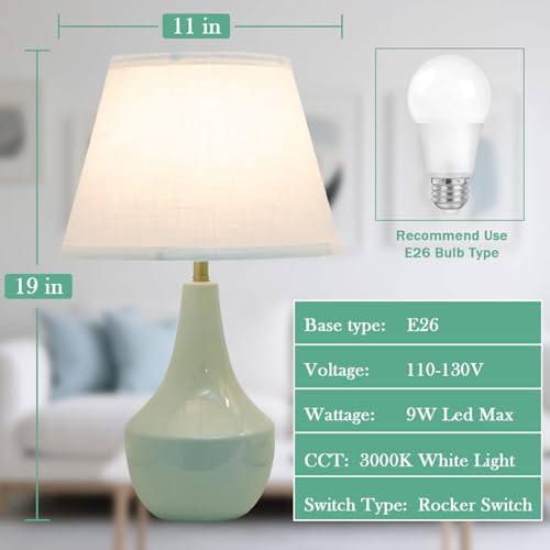 Green Table Lamps Set of 2 19" Ceramic Bedside Desk Lamps for Nightstands with Rocker Swtich Modern Sage Green Lamps for Bedroom Living Room (Bulbs not Include)