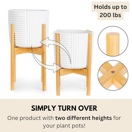 Fox & Fern Adjustable Plant Stand Indoor — 8 to 12 Inch Mid Century Bamboo Plant Stand with Adjustable Width - Plug In Design - Easy to Assemble - Two Heights - For 8, 9, 10, 11 & 12 Inch Pots - color: Polished Bamboo - Tall, size: 8 - 12 Inch - Adjustabl