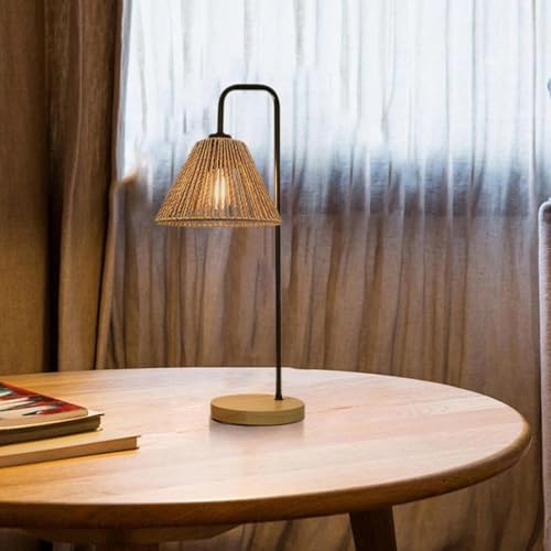Small Bedside Night Table Lamp for Bedroom, Minimalist Nightstand Lamp with Boho Paper Rattan Shade, Study Reading Desk Lamp for Kids Room, Living Room, College Dorm, Home, Office