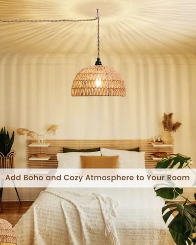 Rattan Hanging Lamp,Boho Pendant Lights,Plug in Cord Hanging Rattan Light,Plug Into Wall Outlet Pendant Light Fixture On/Off Switch for Living,Dinner Room,Bedroom,Kitchen,for E26,without Bulb - size: 11.81'' x 6.49''