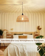 Rattan Hanging Lamp,Boho Pendant Lights,Plug in Cord Hanging Rattan Light,Plug Into Wall Outlet Pendant Light Fixture On/Off Switch for Living,Dinner Room,Bedroom,Kitchen,for E26,without Bulb - size: 11.81'' x 6.49''