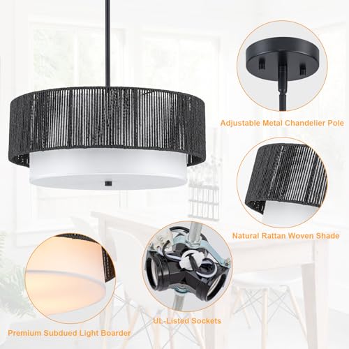 18'' Farmhouse Rattan Chandeliers for Dining Room,3-Light Boho Light Fixtures Rattan Pendant Light Fixture with Fabric Shade Drum Chandeliers for Bedroom Dining Room Foyer Kitchen Hallway（Black） - color: Black, size: 18 inch Drum