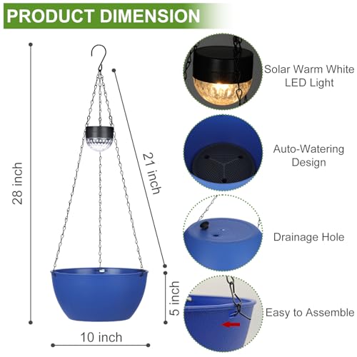 BAYN 2 Packs Solar Hanging Basket Planters for Plants Outdoor, Self Watering Blue Flower Plants Pots with Solar Light Drainer for Balcony Patio Garden Outdoor Decoration - color: Dark Blue