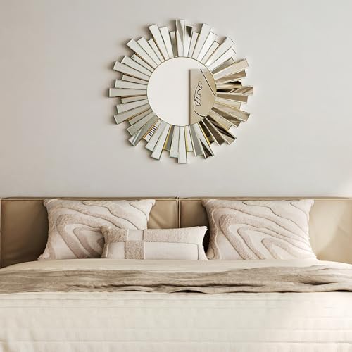 Silver Sunburst Wall Mirror, 26" Decorative Round Accent Mirror with Beveled Mirrored Frame, Modern Glam Luxury Wall Decor for Living Room, Bedroom, Entryway, Dining Room and Fireplace - color: Modern Sliver