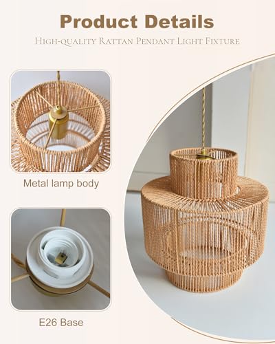 12.6'' Boho Rattan Chandelier Pendant Light Hand-Woven Wicker Pendant Light Fixture Farmhouse Rustic Ceiling Hanging Lamp for Dining Room Over Table Kitchen Island Living Room Bedroom Foyer - color: 12.6″