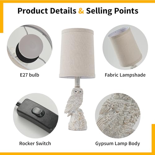 Vintage White/Wood Grain Owl Table Lamp - Resin Sculpture Base & Linen Shade | 16.5in Height Decorative Lamp for Bedroom/Study | Rocker Switch (BW-1) - color: BW-1