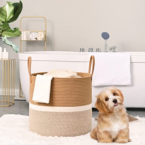 KAKAMAY Large Blanket Basket (18"x18"x16"),Woven Baby Laundry Hamper for Storage, Cotton Rope Blankets Baskets for Nursery, Laundry, Living Room, Pillows, Baby Toy chest with Handles (Brown) - color: Brown