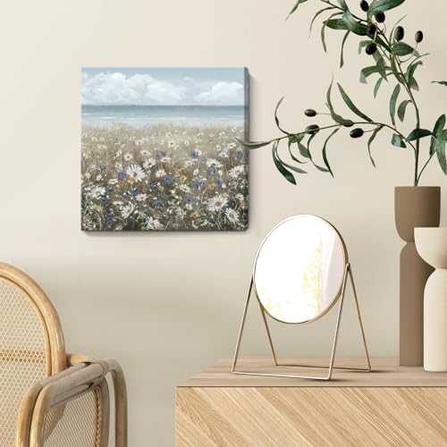 Canvas Wall Art Beach Floral Wall Picture Coastal Boho Farmhouse Daisy Flowers Nautical Sea Ocean Wildflowers Canvas Print Vintage Artwork for Small Rustic Bathroom Bedroom Living Room Office Décor - color: Coastal Flower Sea Art, size: 13"L x 13"W