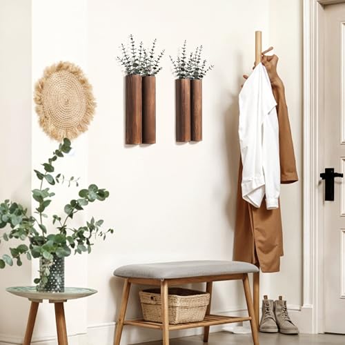 Wood Wall Planter with 20 pcs Artificial Eucalyptus, Modern Decor for Living Room Bedroom Bathroom Entryway, Farmhouse Boho Wall Vases for Dried Flowers and Faux Plants - 4 Pack