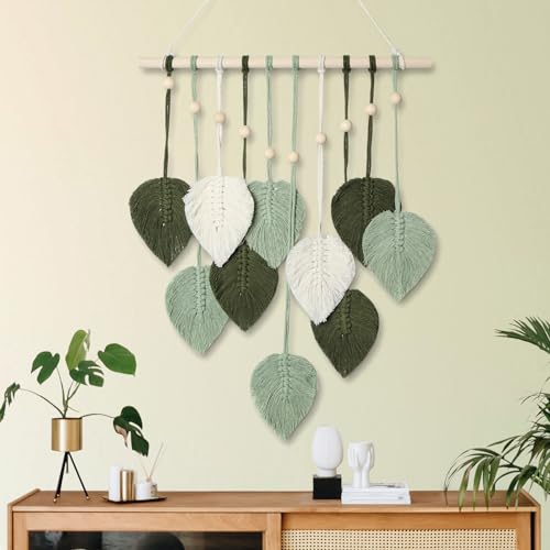 MIPON Macrame Wall Hanging Leaves Decor,Boho Handmade Woven Leaf Tassels Tapestry Gift Ideas for Nursery, Bedroom, Living Room, 15.7 X 28 Inch(Green)