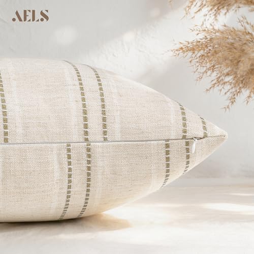 AELS 12x20 Decorative Farmhouse Linen Blend Throw Pillow Covers, Boho Textured Pillow Case, Set of 2, Beige with White & Brown Stitch Yarn Dyed Stripe Cushion Cover for Sofa Living Room (Cover ONLY) - color: Beige With White & Brown, size: 20" x 12" (Pack