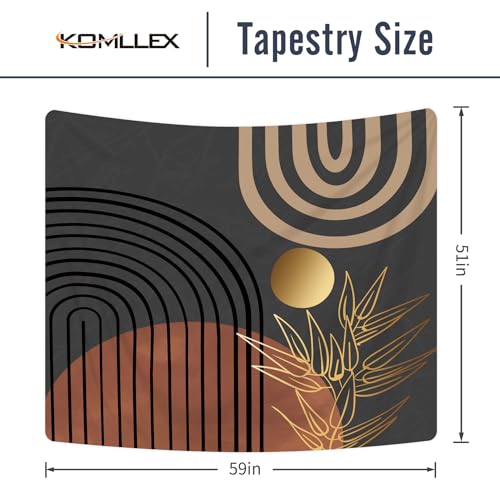 KOMLLEX Abstract Mid Century Tapestry 59Wx51H Boho Neutral Men Wall Hanging Arch Sun Leaves Minimalist Modern Geometric Simple Black Brown Gold Home Decor Art for Living Room Bedroom Dorm