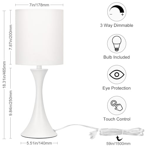 Modern Table Lamps, 3 Way Touch Control Table Lamp, Dimmable Desk Lamp, White Nightstand Lamp with Fabric Shade, Small Bedside Lamp for Living Room, Dorm,Home Office, LED Bulb Included - color: White Base with White Shade