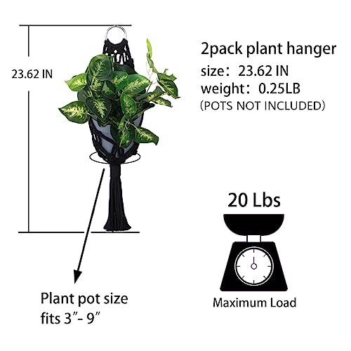 Artilady 2 Pack Black Macrame Plant Hanger Indoor - Large Hanging Planters for Wall Plants Holder Short Hademade Boho Farmhouse Rustic Home Decor (Black Plant Hanger-2pcs) - color: Black Plant Hanger-2pcs