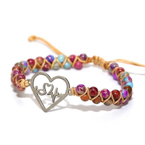 Women Boho Wrap Bracelet,Handmade Natural Stone Crystal Emperor Beads Heart Bracelet, Fashion Bohemian Jewelry Gift for Women - color: Heartbeat