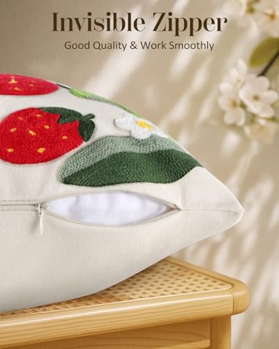 Embroidered Lumbar Pillow Cover - 20x12 Decorative Pillow Cover with Zipper Aesthetic Cute Design Boho Spring Summer Throw Pillowcase for Living Room Couch Sofa Bed, Leaf Strawberry - color: Leaf Strawberry, size: 20" x 12" (Pack of 1)