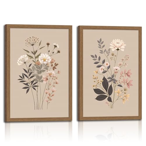 2pcs Framed Botanical Canvas Prints - Neutral Floral Wall Art With Wildflowers - Minimalist Nature Posters For Living Room, Bedroom, Office Decor -Modern Flower Picture 16x24in - color: Retro Natural Wildflowers, size: 16x24in