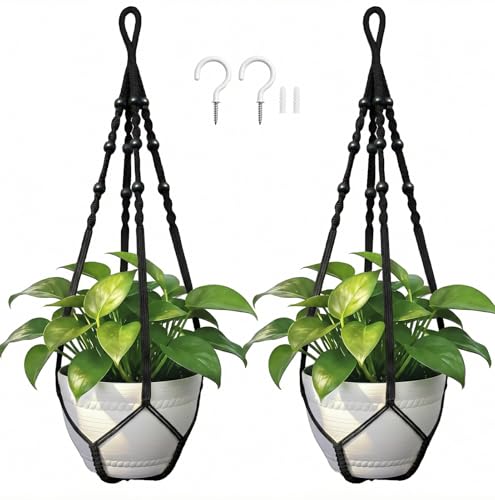 Macrame Plant Hanger, Up to 4-15 inch Pots, Wood Beads Cotton Hanging Planter Holder for Indoor Outdoor Boho Home Decor, 35 Inch, Set of 2 (Black) - color: Black