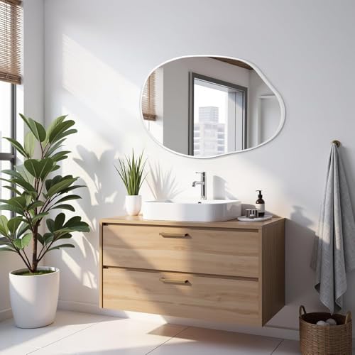 Asymmetrical Bathroom Mirror Irregular Wall Mirror Modern Metal Frame Unique Shape Wall Mounted Vanity Artistic Mirrors Decorative for Living Room Bedroom Entryway 22"x30" Large White - color: White, size: 30"L x 22"W