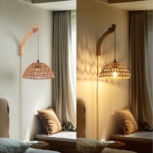 Plug in Wall Sconce,Farmhouse Wicker Wall Lamp Plug in,Hand Woven Rattan Wall Light Farmhouse Rustic Boho Sconces Wall Lighting for Living Room Bedroom - color: 9.8IN Rattan Lampshade, size: 1 PACK
