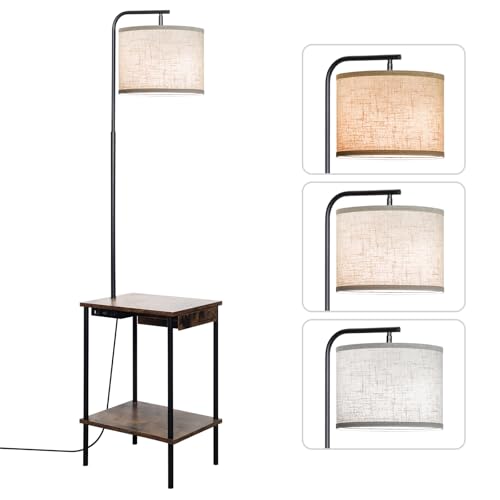 EOEYYOYB Floor Lamp with Table & Drawers, End Table Lamp with USB Charging Portt Power Outlet and Shelves, Side Table Reading Light with 3 Color Temperature Led Bulb Included for Living Room, Yellow - color: Vintage yellow (with Drawer)