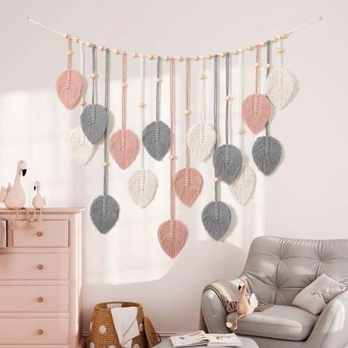 Betylifoy Macrame Wall Hanging Boho Leaves Tapestry Chic Bohemian Feather Wall Art Decor Handmade Yarn Woven Pink Leaf Tapestry Macrame Wall Decor for Bedroom Living Room Nursery Office Backdrop (Pink Gray) - color: Pink