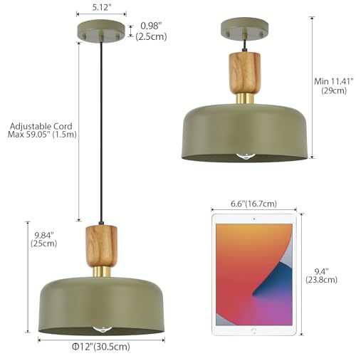Contemporary Pendant Lighting,12 inch Pendant Lamp,Wood and Brass Accent,Adjustable Metal Hanging Light Fixture for Kitchen, Dining Room, Green - color: Deep Green