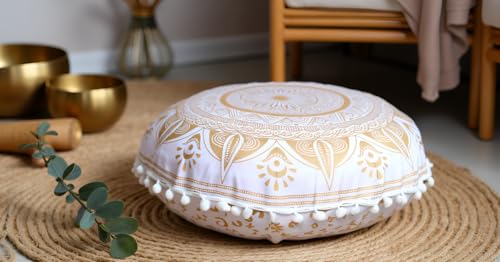 Round Mandala Floor Pillow Cover Seating Cushion Throw Cover Hippie Decorative Bohemian Ottoman Pouf Cover, Pom Pom Pillow Cases,Boho Indian 22 Inches (Gold trishol) - color: Gold Trishol
