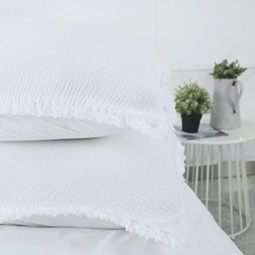 YINFUNG Quilted Pillow Sham White Standard Set of 2 Muslin Cotton Tassel Fringe Pillowcases Matelasse Boho Decorative Textured Gauze Moroccan Thin Soft 20×26 Bright White - color: White, size: 26" x 20" (Pack of 2)