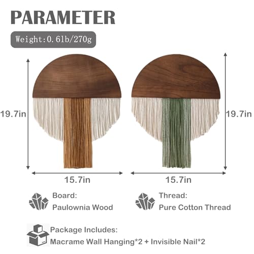 2-Piece Macrame Wall Hanging Set, Handmade Boho Wall Decor with Wooden Board & Round Tassels, Bohemian Fiber Art Tapestry for Living Room, Bedroom, Office, Headboard - Modern Wall Art 16" W X 20" L