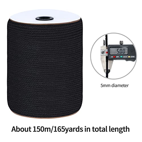 Macrame Cord 5mm x 165Yards, Natural Cotton Macrame Rope - 3 Strands Twisted Macrame Cotton Cord for Wall Hanging, Plant Hangers, Crafts, Gift Wrapping and Wedding Decorations, Black - color: Black, size: 0.20 in x 165 yd
