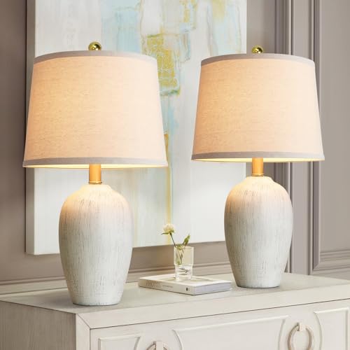 AIEAMPDO 21'' Set of 2 Rustic Ceramic Small Table Lamps for Living Room Bedroom, Farmhouse Vintage Nightstand Lamps for Office Entryway End Table, 2 Bulbs Included - color: Antique White