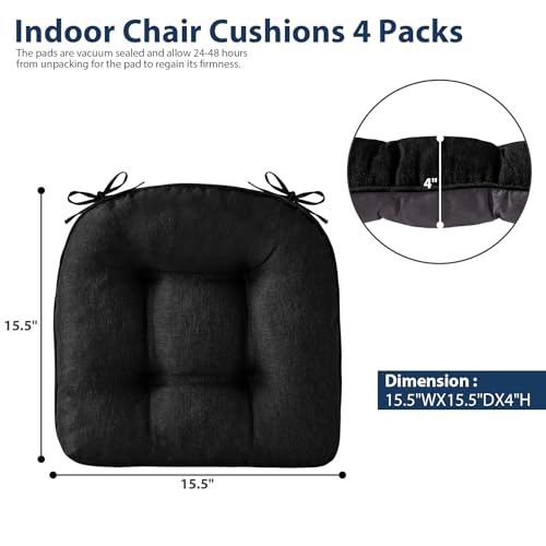 IASEAHK Chair Cushions for Dining Chairs, Seat Cushions for Kitchen Chairs, Indoor Seat Cushions with Ties, Tufted Foam Chair Pads, Non Slip Chair Cushions Set of 6, 15.5" x 15.5" x 4", Black - color: Black, size: Pack of 6