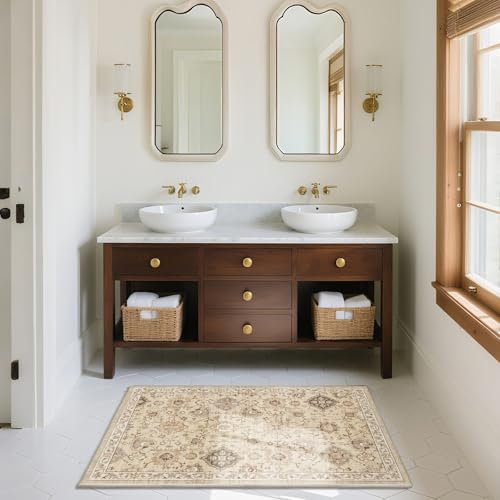 Machine Washable Boho Rugs for Entryway: Door Mat Indoor Entrance 2x3 Small Throw Rug Stain Resistant Non-Slip Low Pile Soft Carpet for Kitchen Front Door Indoor Entrance Entry Bedroom - color: Beige and Cream, size: 2' x 3' (Rectangular)