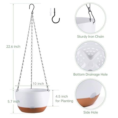 Set of 2 Hanging Planters for Indoor Outdoor Plants, 10 Inch Self-Watering Hanging Flower Pots with Drainage Hole & Removable Water-Storage Tray (Hooks) - color: White, size: 10 Inch (M)
