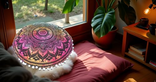 Round Mandala Floor Pillow Cover Seating Cushion Throw Cover Hippie Decorative Bohemian Ottoman Pouf Cover, Pom Pom Pillow Cases,Boho Indian 32 Inches Multi Ombre - color: Multi Black, size: 32" Round