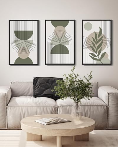 Drsoum 16x24in Large Boho Wall Art Green Sage Decor Framed Wood Modern Bohemian Abstract Geometry Canvas Prints Ready to Hang for Bedroom - Black Framed - color: green boho decor, Black Framed, size: 16" x 24"
