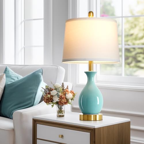 24" Aqua Blue Ceramic Table Lamps Set of 2, Modern Classic Bedside Lamps for Bedroom Nightstand, Small Table Lamp for Living Room End Table (2 LED Bulbs Included) - color: Aqua Blue - 24"H