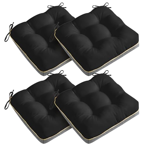 4 Pack 19x19 Inch Shredded Foam Chair Cushions with Straps - All-Season Seat Pads for Indoor/Outdoor Dining, Office, Patio, Kitchen Chairs (Black, 19 INCH × 19 INCH) - color: Black